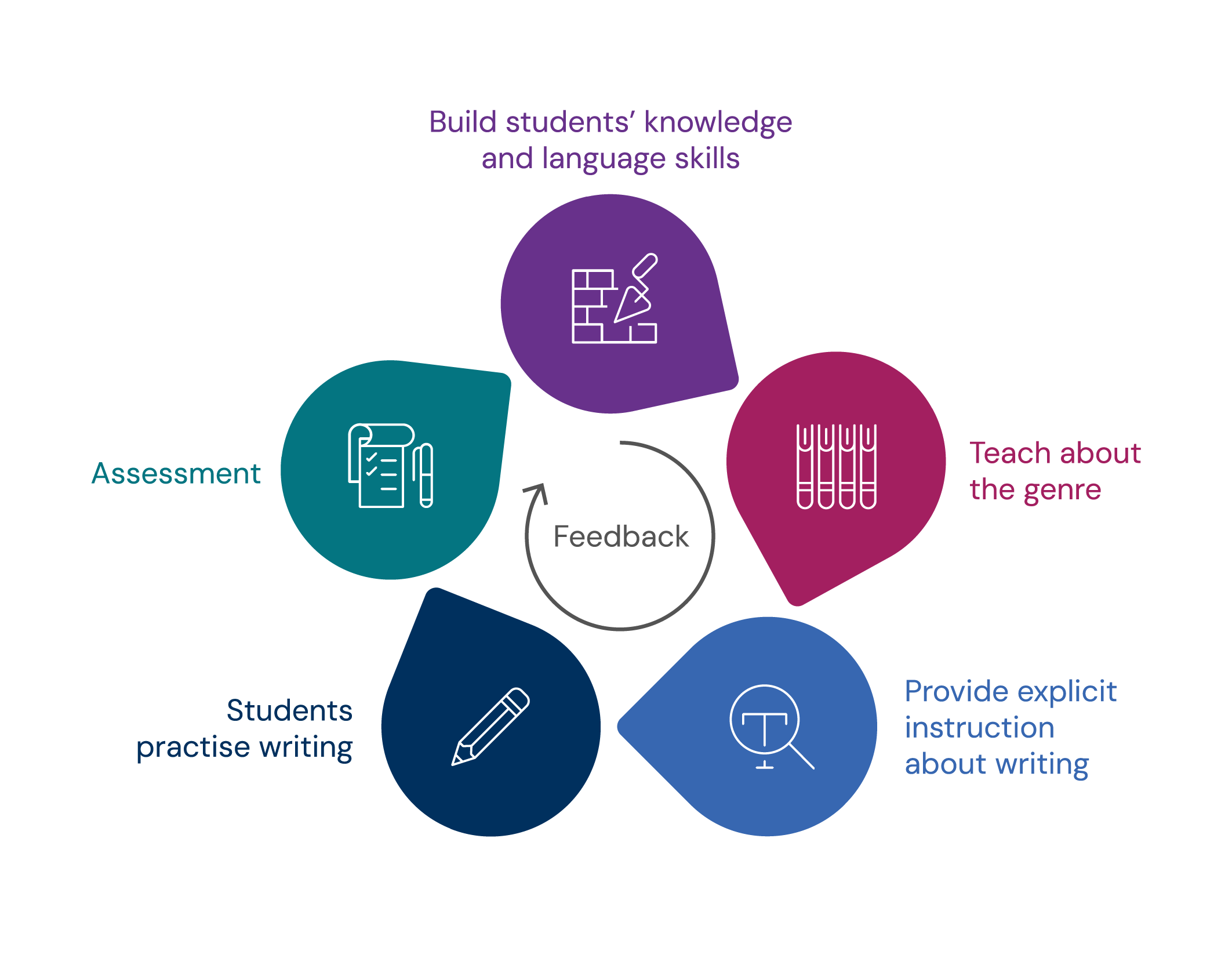 Circular graphic showing the stages of AERO's writing instruction model, which include build students' knowledge and language skills; teach about the genre; provide explicit instruction about writing; students practice writing; and assessment, with feedback at the centre