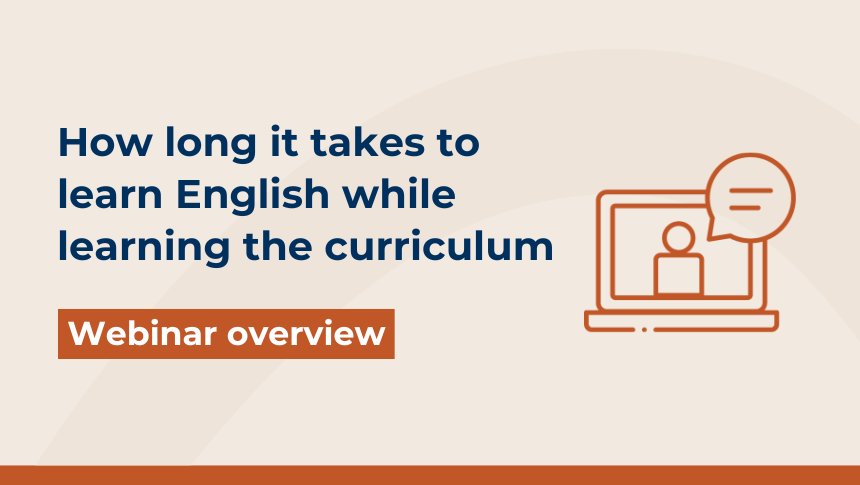 Thumbnail with title 'How long it takes to learn English while learning the curriculum - Webinar overview' with an icon of a laptop being used for a webinar